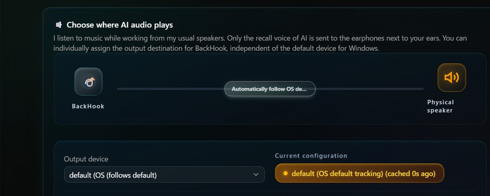 Settings screen for assigning each AI's voice output to a specific device