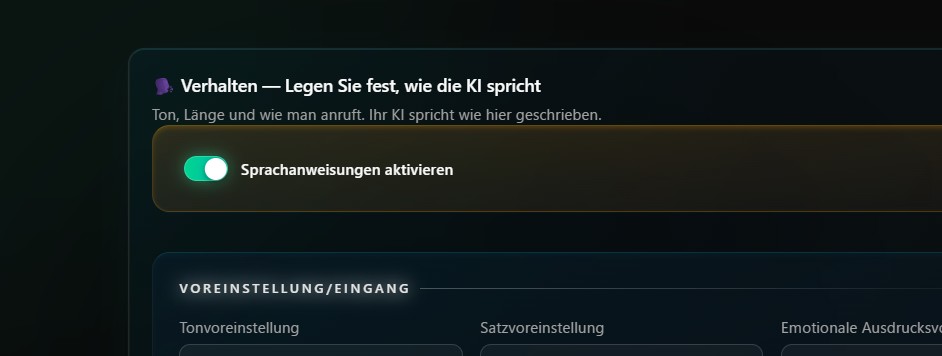Verhaltenseinstellungen — Bildschirm, um der KI mitzuteilen, wie sie sprechen soll (Freitextfeld)