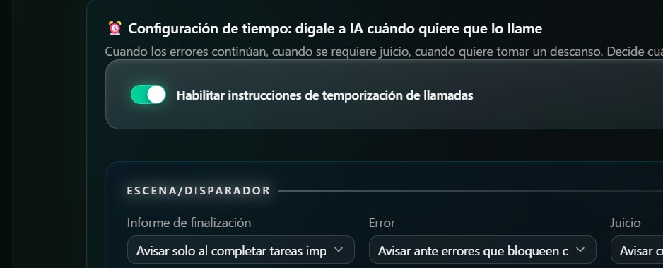 Pantalla de configuración detallada del momento de llamada: finalización, error, decisión, aprobación, detención y más