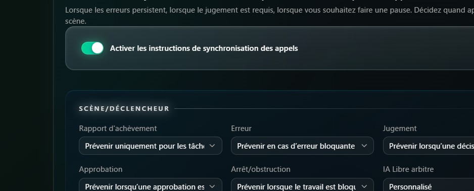 Écran de réglage détaillé du moment de l'appel : achèvement, erreur, décision, approbation, arrêt, et plus