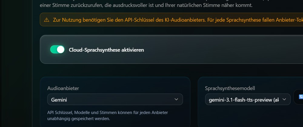 Einstellungsbildschirm zur Verbindung mit einer natürlicheren Cloud-Sprach-Engine