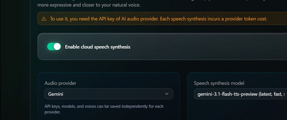 Settings screen for connecting to a more natural cloud voice engine