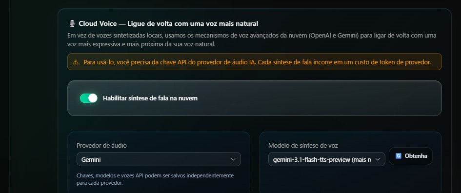 Tela de configuração para conectar com um mecanismo de voz em nuvem mais natural