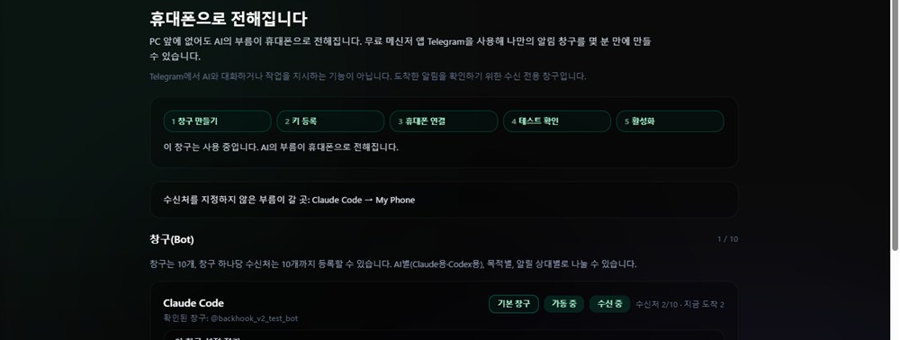 Telegram 탭 — 연결된 창구가 나열되고, 5단계가 모두 완료되어 호출이 활성화된 화면