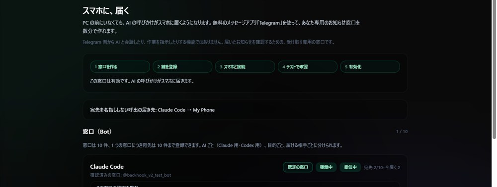 Telegram タブ — 接続済みの宛先が並ぶ画面（5段階すべて完了・呼出が有効）