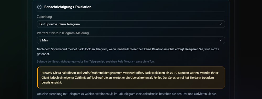 Einstellungen zur Benachrichtigungs-Eskalation — wie es Sie erreicht und wie lange es vor Telegram wartet