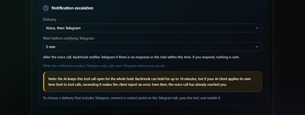 Notification escalation settings — choosing how it reaches you and how long to wait before Telegram