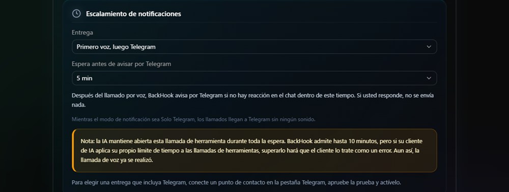 Ajustes de escalamiento de notificaciones — cómo llega y cuánto espera antes de Telegram