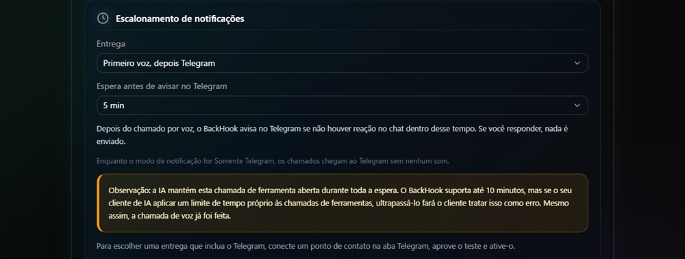 Configurações de escalonamento de notificações — como chega e quanto espera antes do Telegram