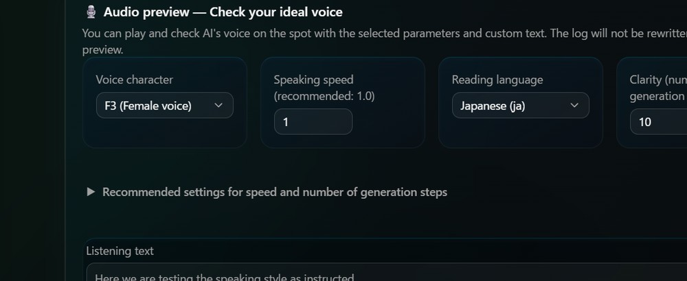 Screen for choosing a voice character, speed, and emotion tags while previewing them