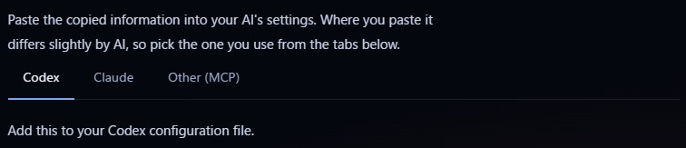 Settings screen for selecting Codex, Claude, and other MCP-compatible AI, and handing them connection details